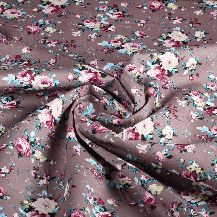 Poplin stof bloemetjes grijs