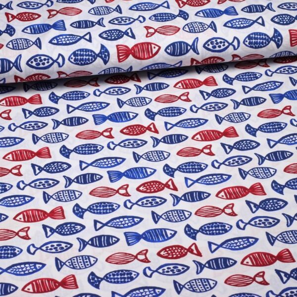 Poplin stof vissen blauw/rood