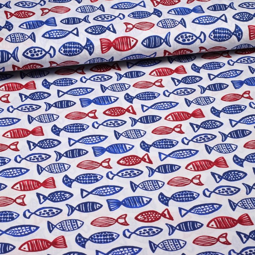 Poplin stof vissen blauw/rood