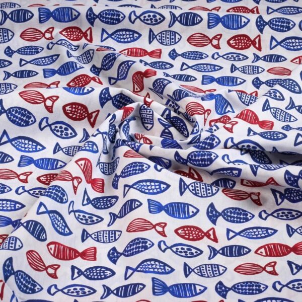 Poplin stof vissen blauw/rood