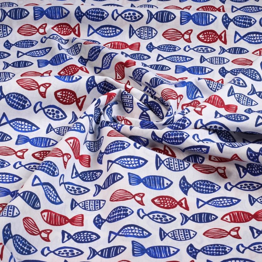 Poplin stof vissen blauw/rood