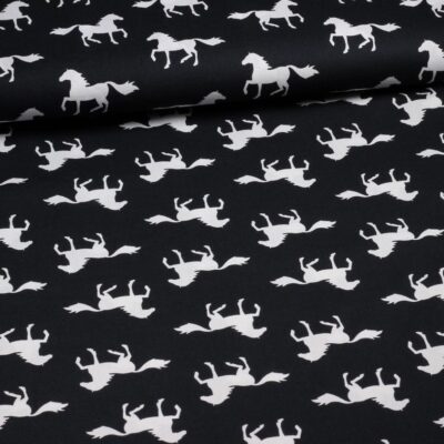 Poplin stof paarden zwart wit
