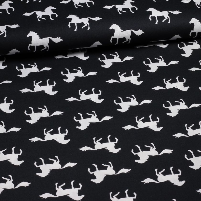 Poplin stof paarden zwart wit