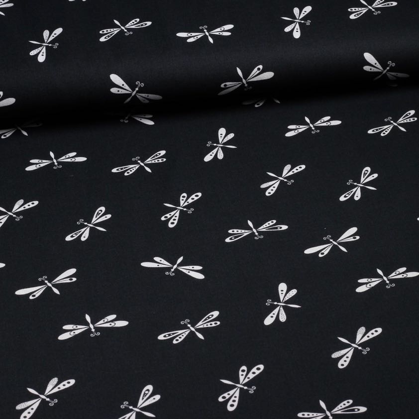 Poplin stof Libelle zwart wit