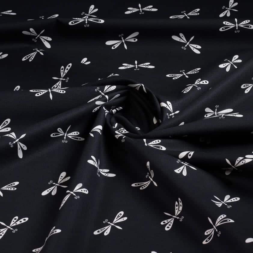 Poplin stof Libelle zwart wit